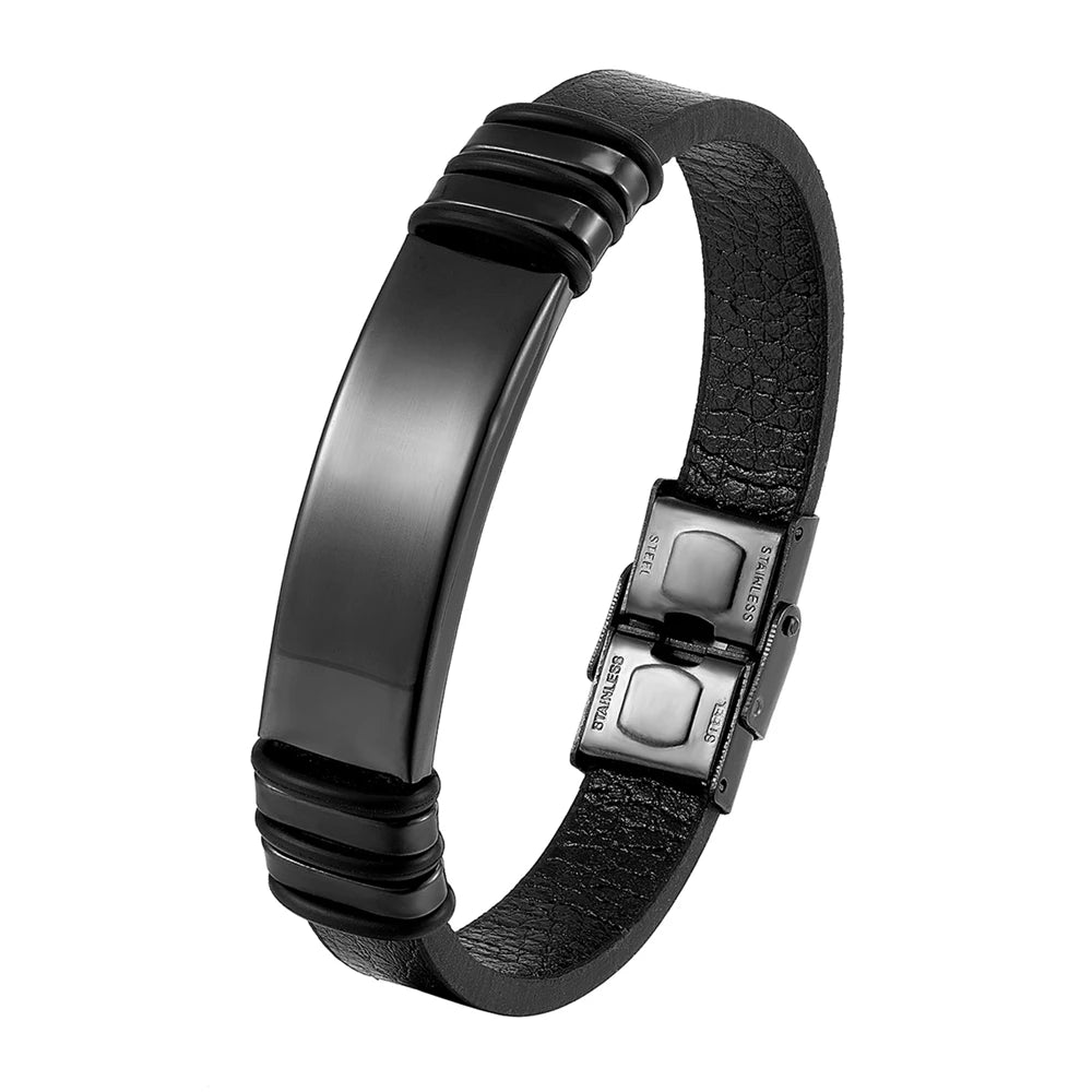 New Fashion Brand Bracelet Stainless Steel Men's Bracelet Black Charm Leather Bracelet Men's Wristband Simple Jewelry Wholesale