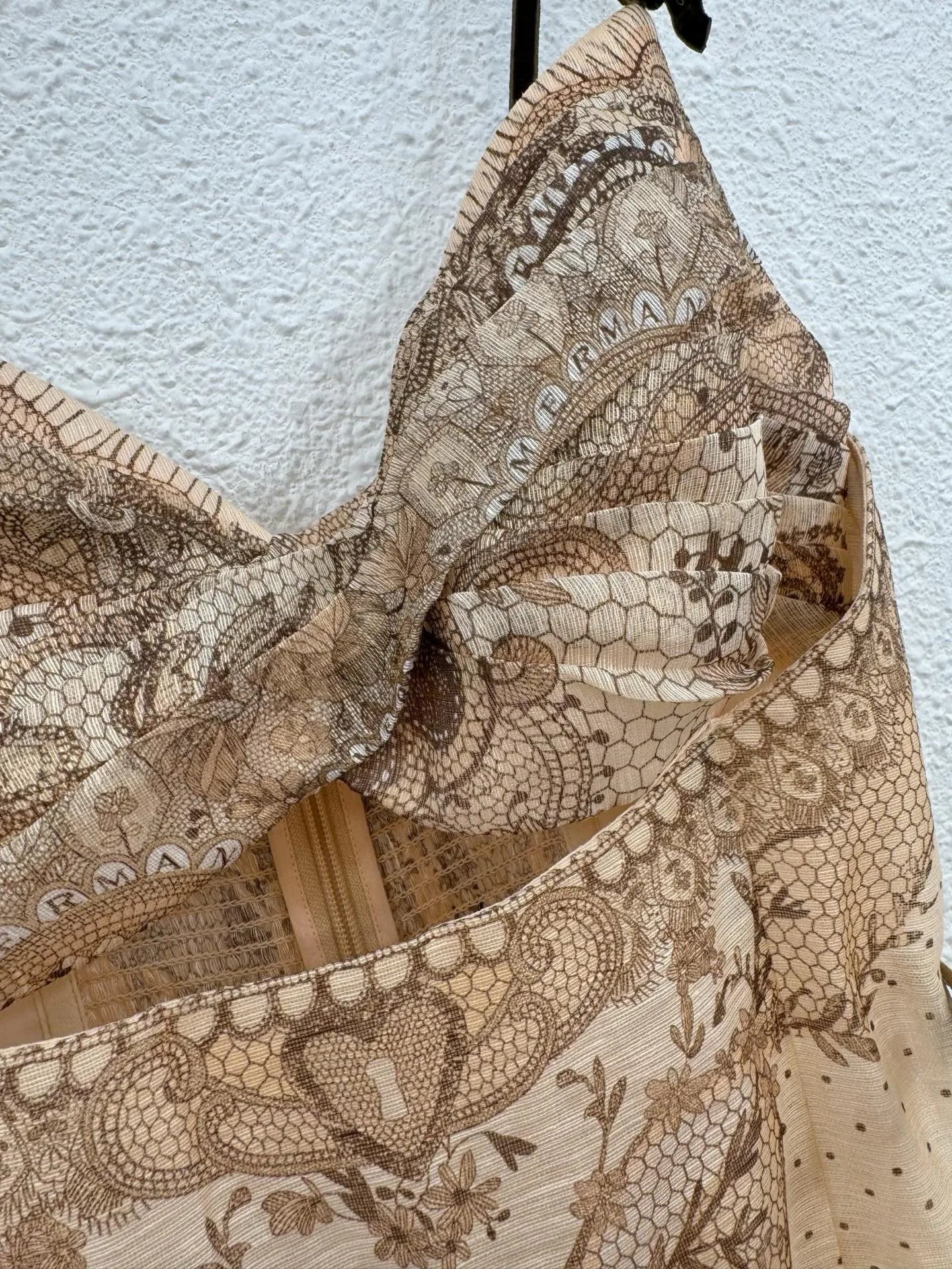 Zimm High Quality Hollow Out Silk Linen Printing Spaghetti Strap Women Midi Dress European Bohemian Vintage Sexy Sweet Elegant