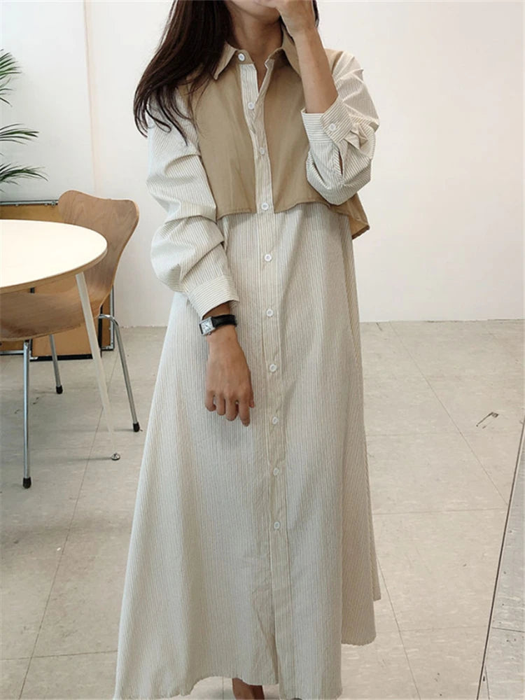 REALEFT Autumn French Striped Women's Shirts Dresses Lace Up Straight Korean Casual Loose A-Line Long Dress Female 2023 New