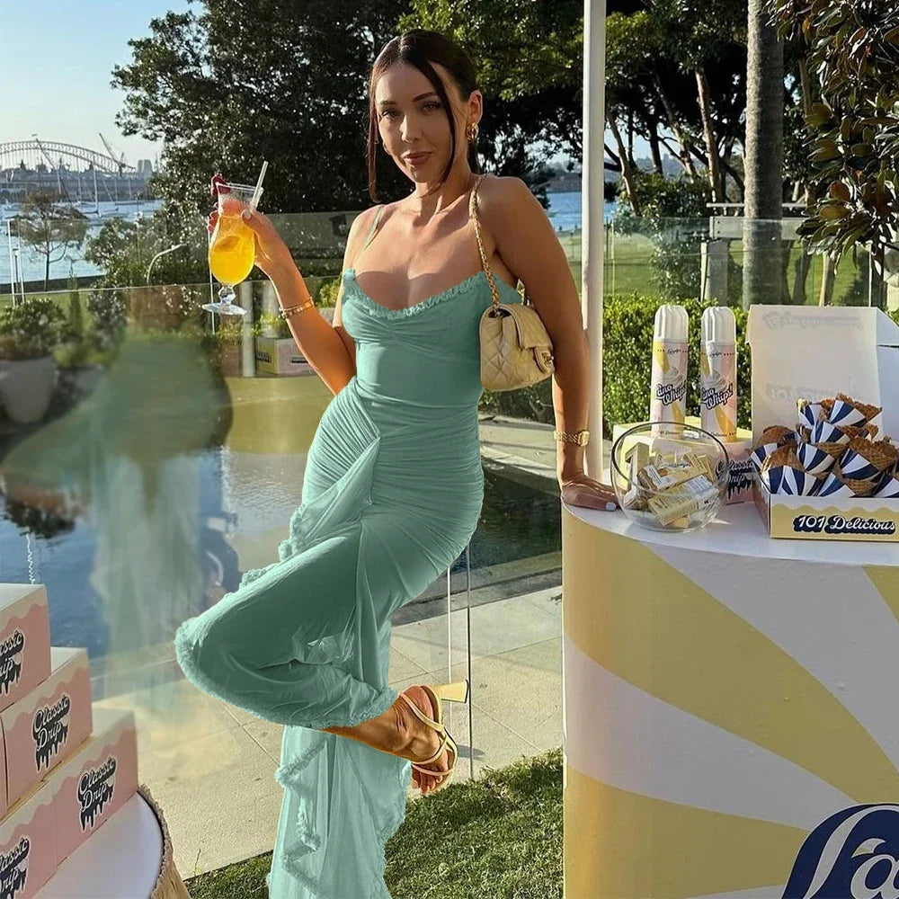 Suninheart Mesh Party Dresses 2024 New Arrivals Spaghetti Strap Bodycon Dress Fashion Ruched Long Dress Women