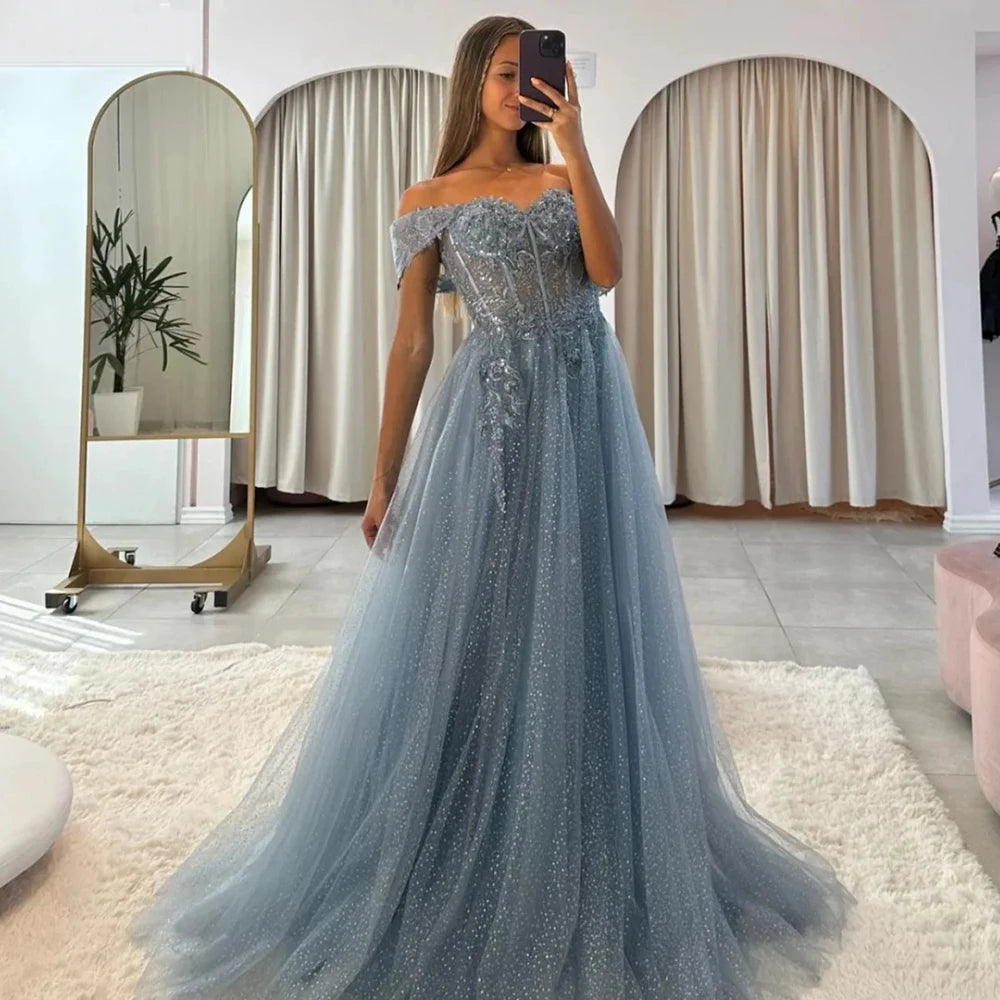 Dusty Blue Prom Dresses Woman 2024 Customized Glitter Tulle Evening Party Dress Formal Occasions Wedding Dress فساتين السهرة