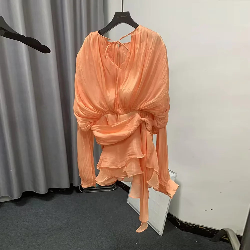 TWOTWINSTYLE Solid Loose Spliced Lace Up Elegant Dresses for Women Round Neck Long Sleeves Patchwork Folds Dress Female Style