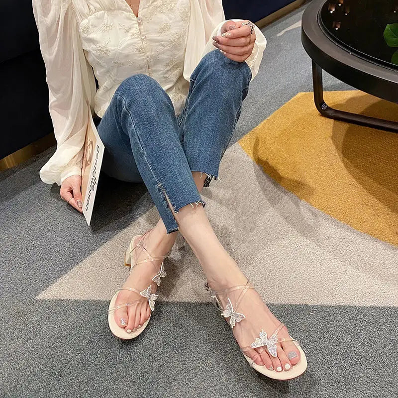 Sandals for Women Clear Bow Party Weddings Transparent Woman Shoes Diamond with Low Heels Rhinestones Jelly Asian Size on Sale H