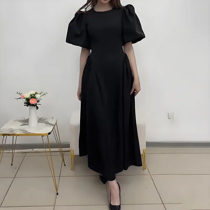 Puff Short Sleeve Solid Women Dresses O Neck A Line Lady Maxi Dress 2024 Fashion Elegant Vintage High Waist Female Vestidos