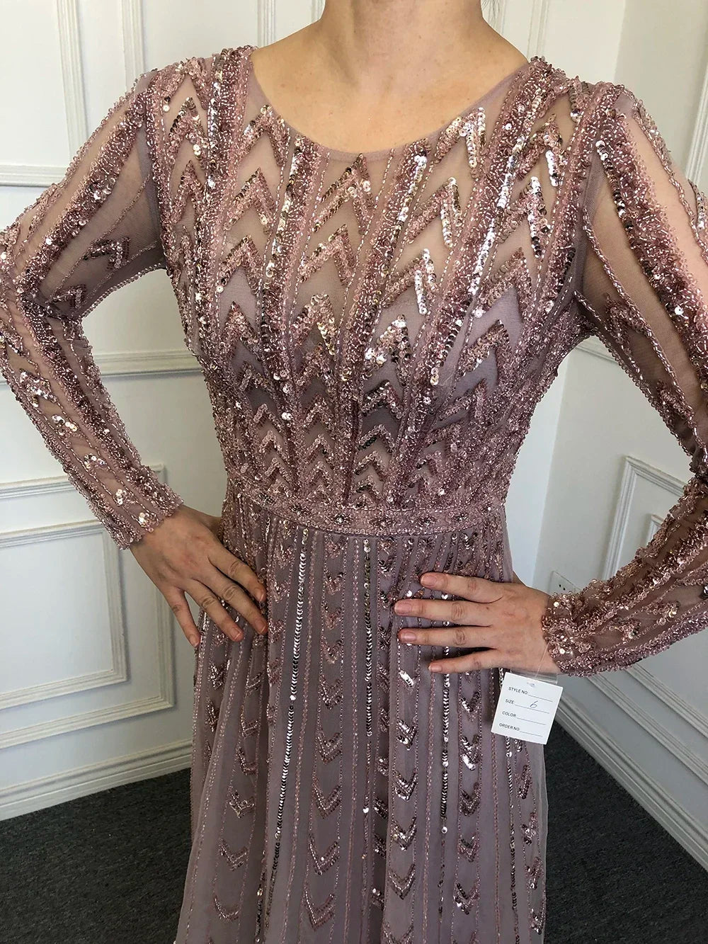 Pink Mermaid Elegant O-Neck Long SleevesEvening Dresses Gowns Luxury Beaded 2024 For Woman Party Customized