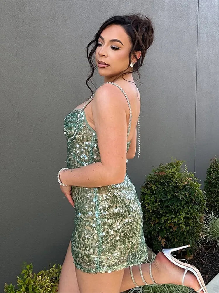 Halter Sequin Short Dress Green Rhinestone Strap Ladies Socialite Gown Bead Waist Cinching Slim Fit Suspender Sparkle Dresses
