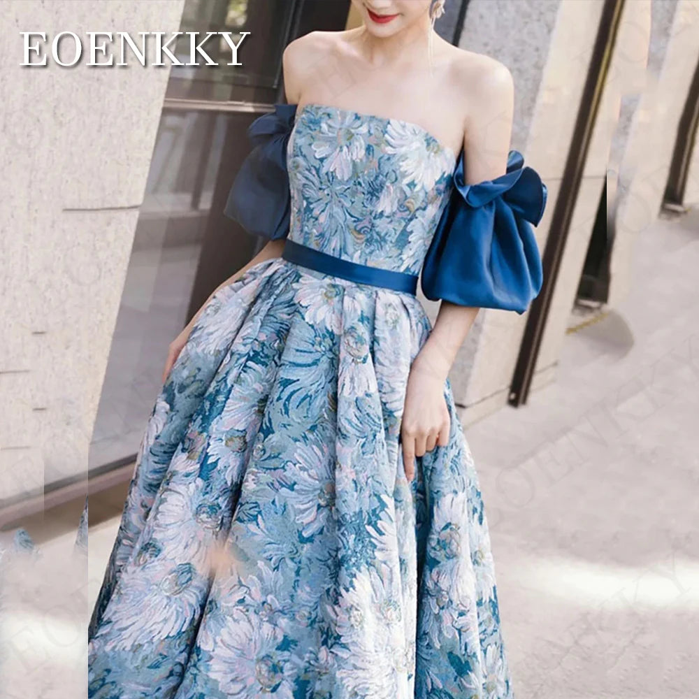 EOENKKY Luxury Floral Print Prom Dresses Blue Removable Puff Sleeves A Line Evening Gowns Formal Floor Length Korean Customized