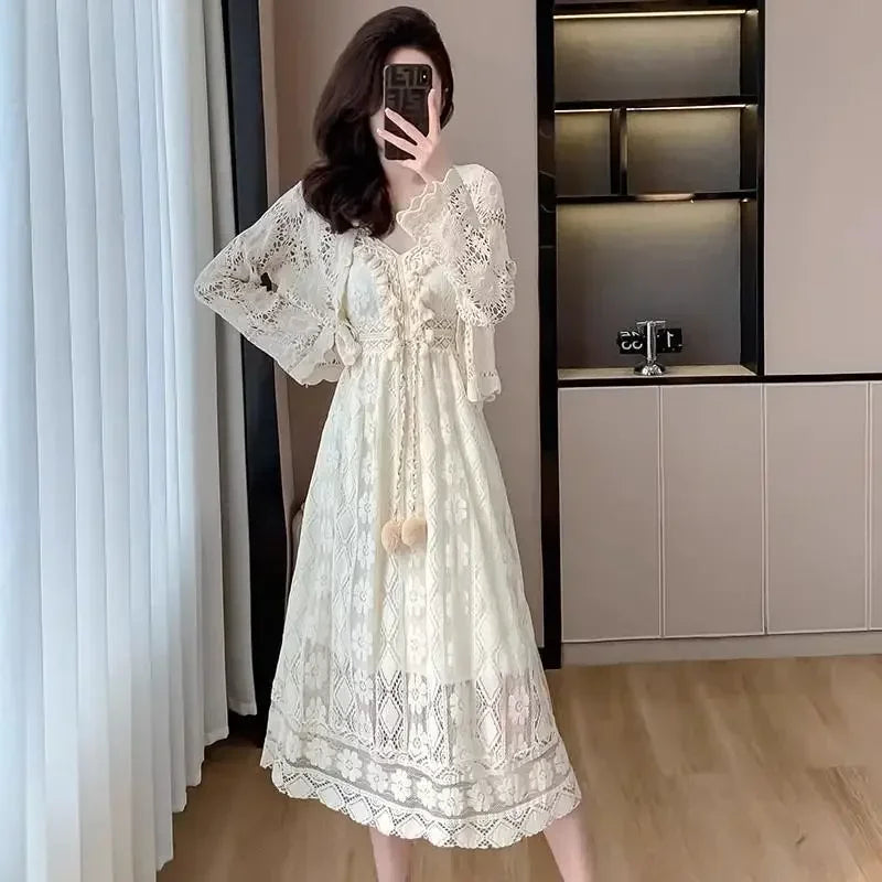 Chic and Elegant Pretty Woman Long Sleeve Dress Vintage Hollow Beautiful Harajuku Trendy Korean Fashion G Y2k Dresses for Women