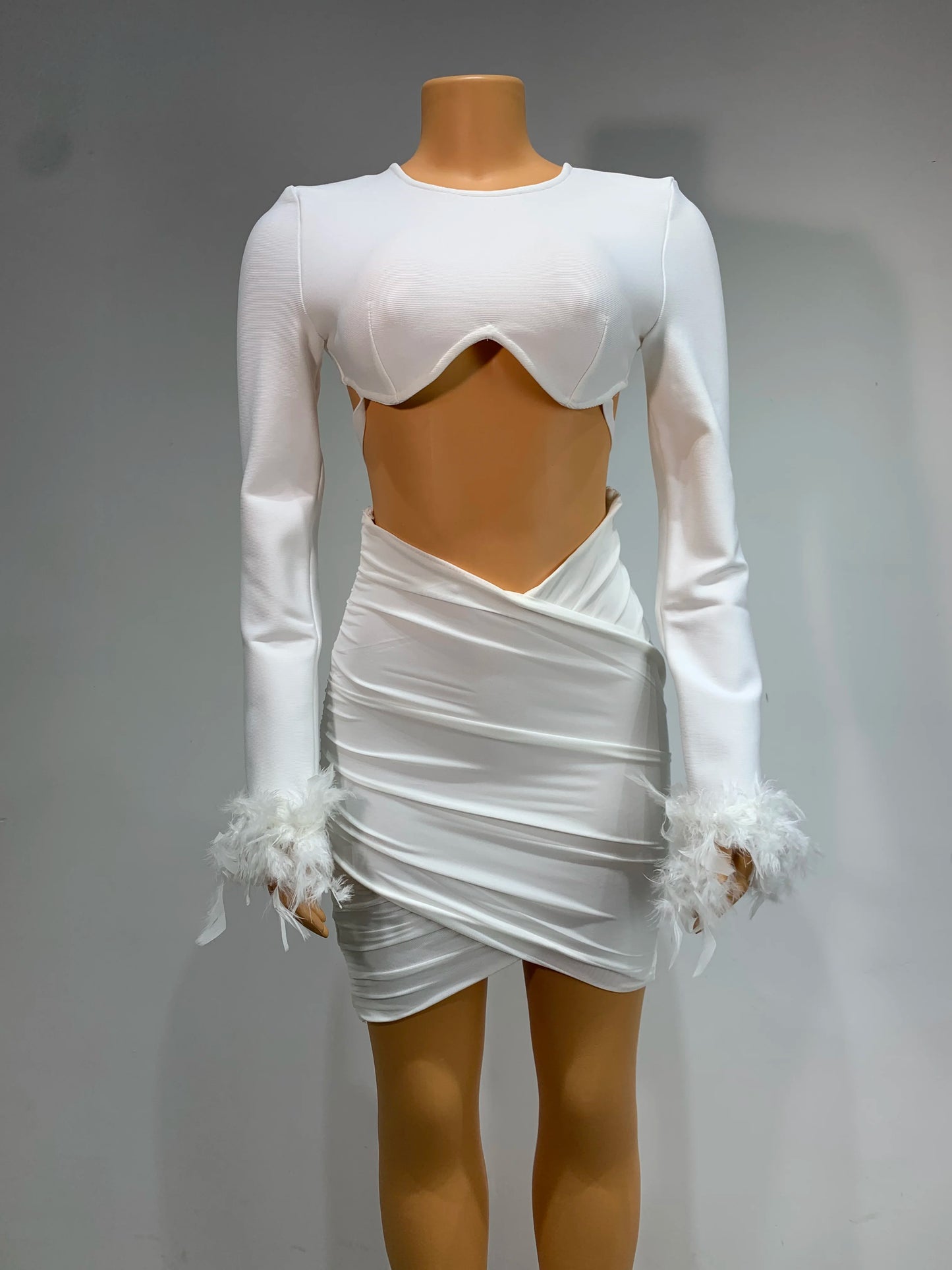 Winter White Dress For Women 2 Pieces Fashion Street Wear Hollow Out Design Crop Top Skirt Sets Birthday Outfit Club Costume