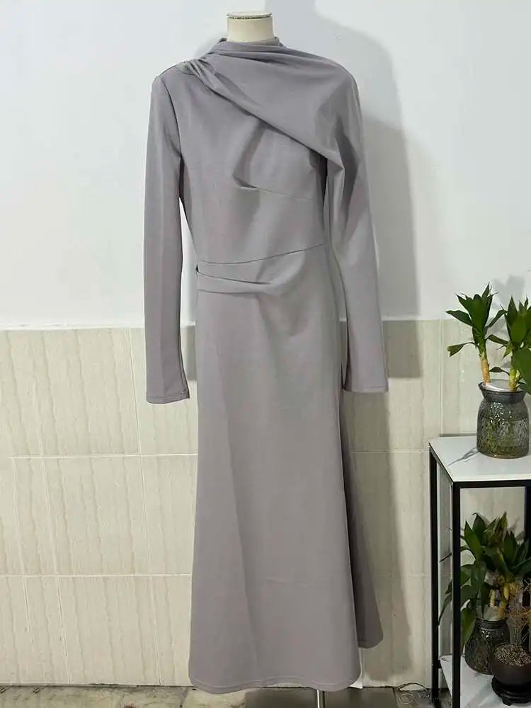 DEAT Elegant Dress Half High Collar Hollow Out Asymmetric Long Sleeves Mid-calf Women's Party Dresses 2025 Spring New 13DL999