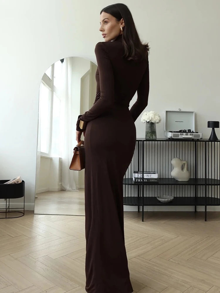 Mozision Turtleneck Thigh High Split Sexy Maxi Women Fashion Long Sleeve Draped Bandage Bodycon Club Long Dress