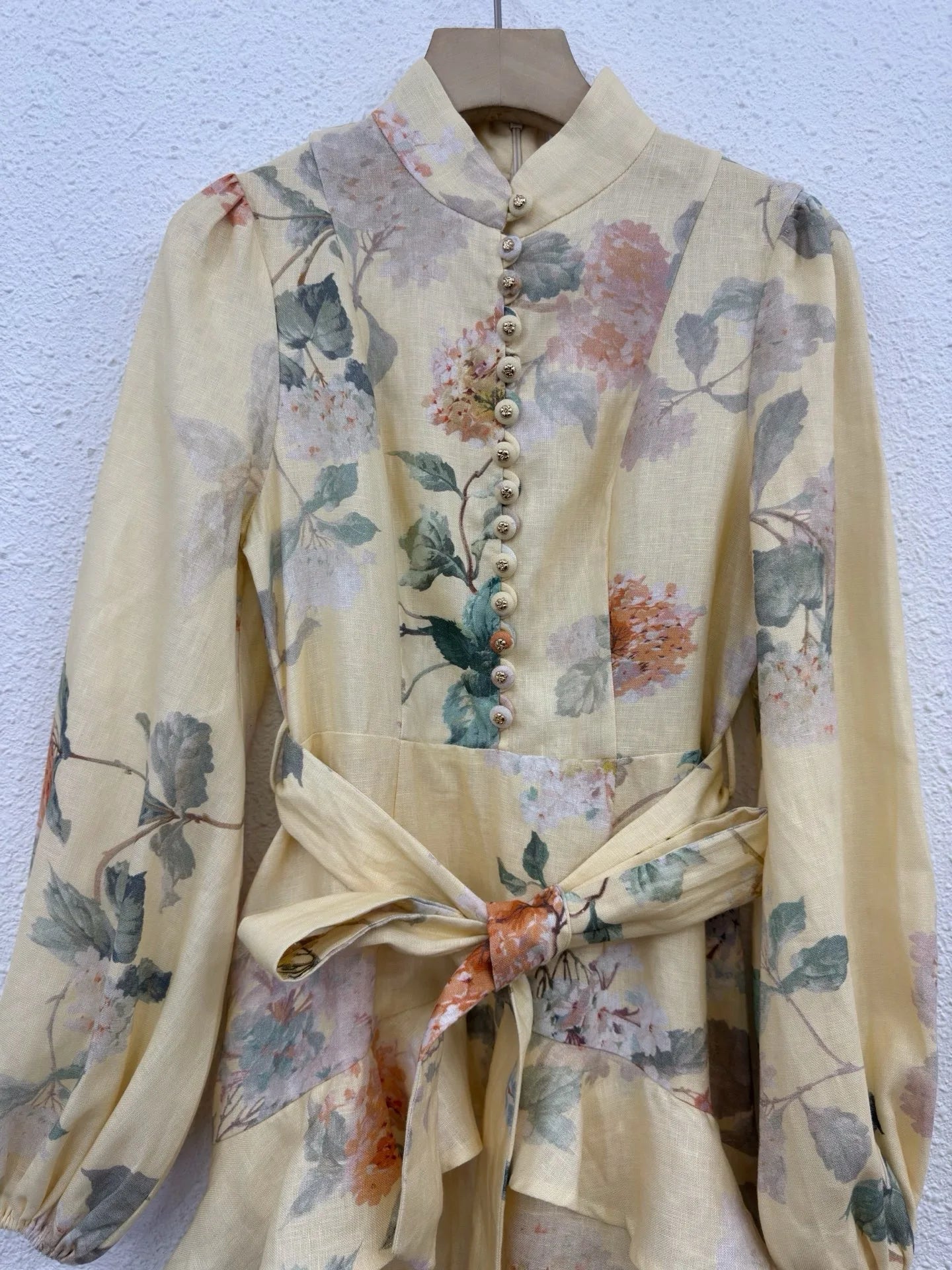 Zimm 100% Linen Long Puff Sleeve Runway Designer Lace-up Floral Printing Women Midi Dress Chic Vintage Bohemian Elegant Luxury