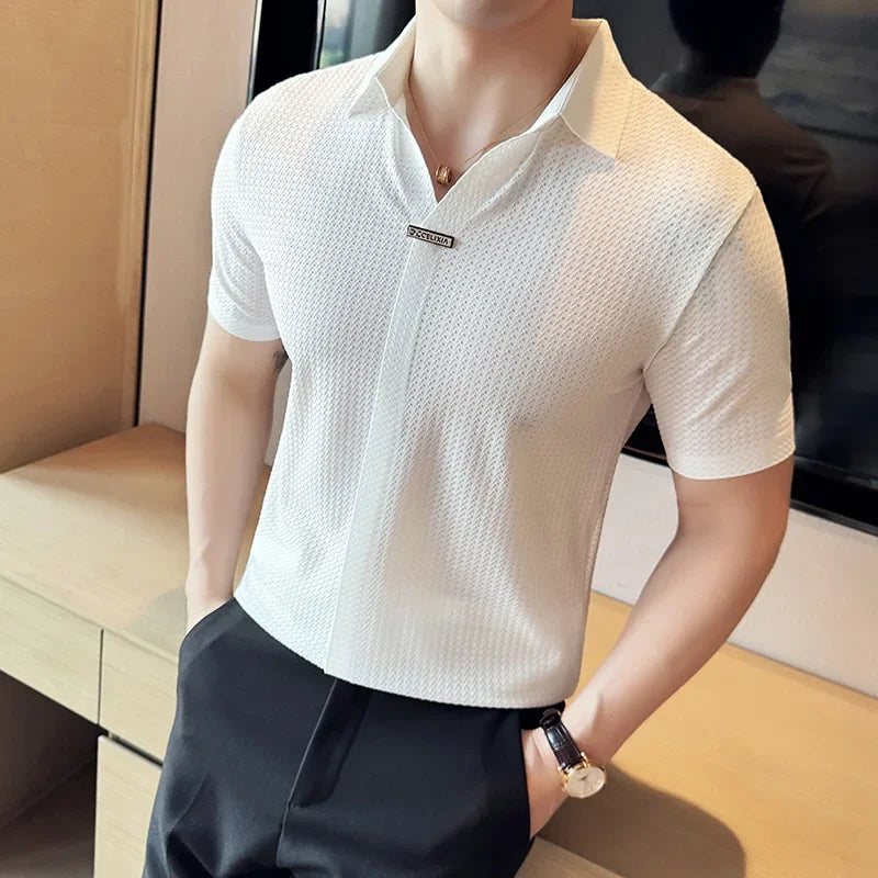 Men Waffle Polo Shirt British Style Short Sleeved T-shirt