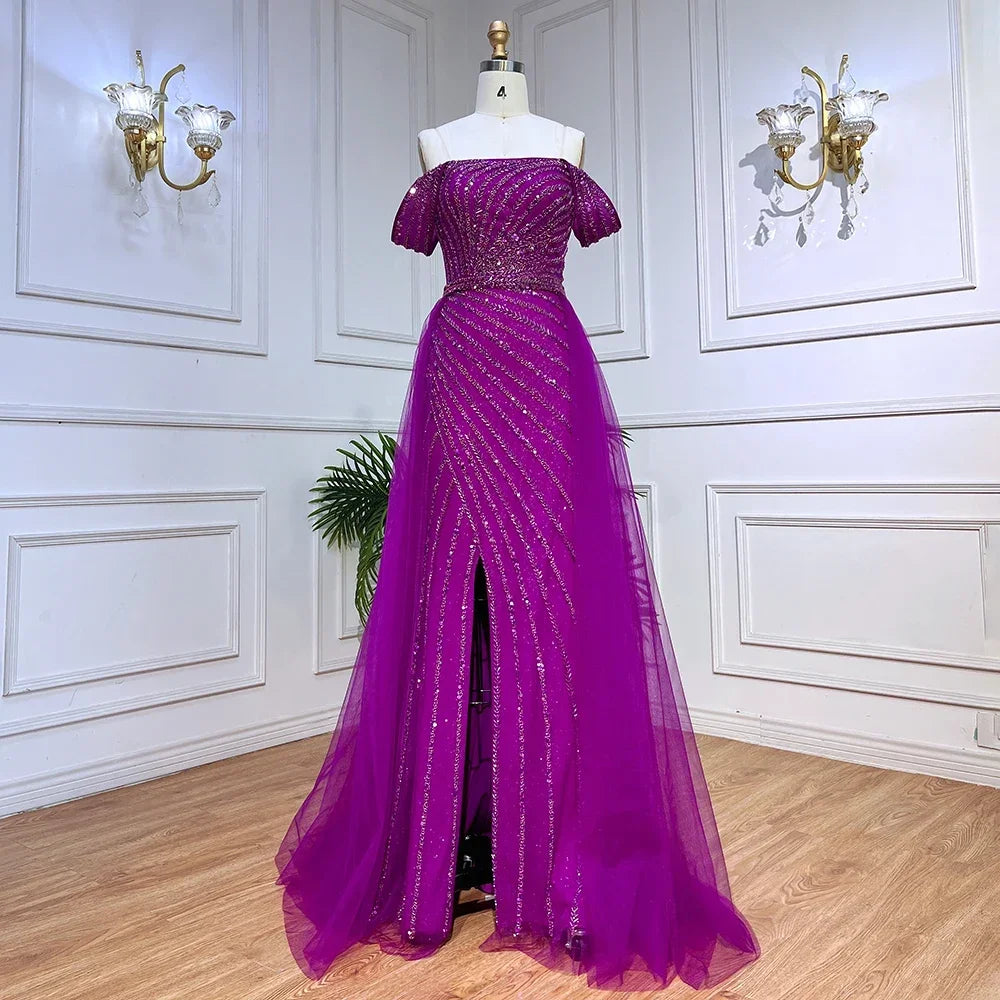 Serene Hill Blue Boat Neck Split Mermaid Elegant Beaded Arabic Evening Dresses Gowns For Party 2024 GLA71858 Customized