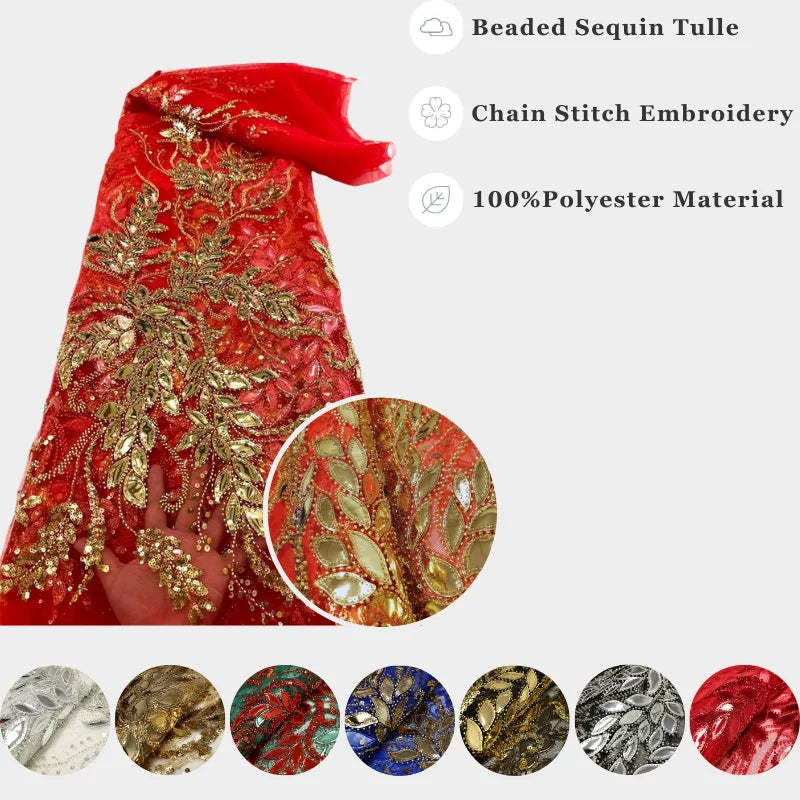 French Guipure Beaded Glitter Sequin lace Fabrics Quality For Sewing Wedding Dress Blue Tulle Lace Floral Embroidery Fabric