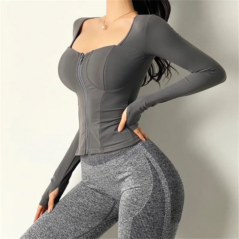 Women Inner Pad Yoga Shirt  Long Sleeve  Bodybuilding  Dry fit Gym Sport   Workout Top