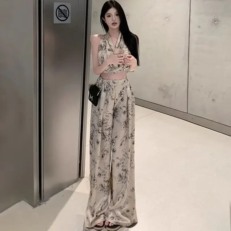 Women's Top And Pants Two Piece Set Summer 2024 Printing Wide Leg Ladies Trouser Y2k Streetwear With Sleeve Offer Korean Style