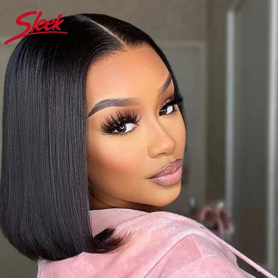 Brazilian Straight Lace Bob Wigs Sleek Short Lace Part Human Hair Wigs 200% Density Cheap Nature Remy Black Dark Hair Wigs