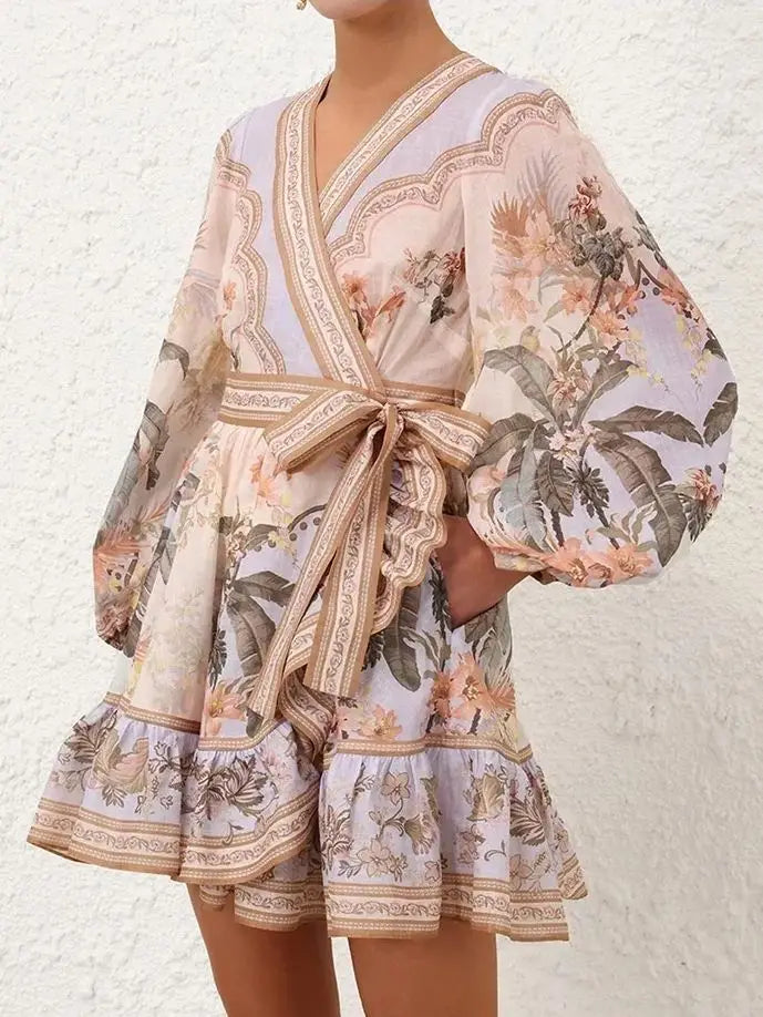 Zimm Long Lantern Sleeve Bohemian Vintage Floral Printing Lace-up Women Mini Dress European High Quality Sexy Sweet Elegant Chic