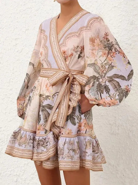 Zimm Long Lantern Sleeve Bohemian Vintage Floral Printing Lace-up Women Mini Dress European High Quality Sexy Sweet Elegant Chic