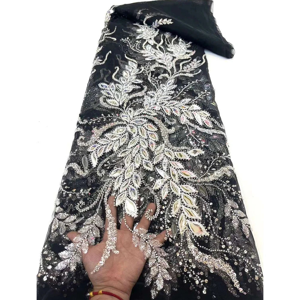 French Guipure Beaded Glitter Sequin lace Fabrics Quality For Sewing Wedding Dress Blue Tulle Lace Floral Embroidery Fabric