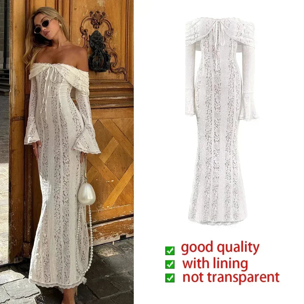 Oligai Lace Slim Mini Dress for Women Off The Shoulder Sexy Long Sleeves Club Party Dresses Bodycon Elegant Autumn Dress
