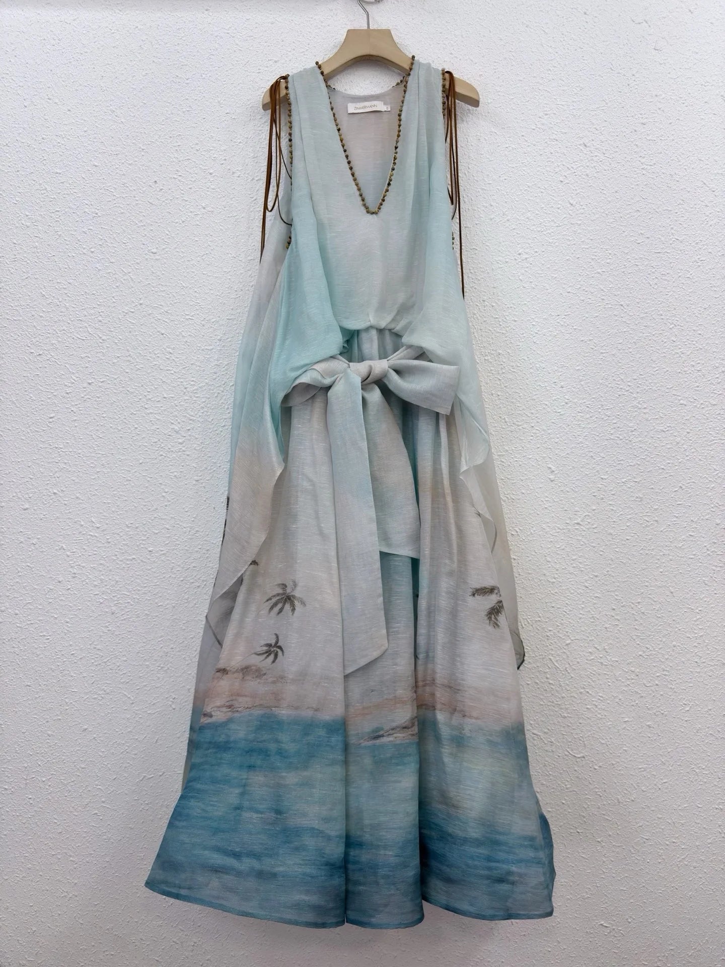 Zimm Printing V-Neck Silk Linen Women Sleeveless Midi Dress Vintage Bohemian Elegant Luxury Runway Designer Sweet