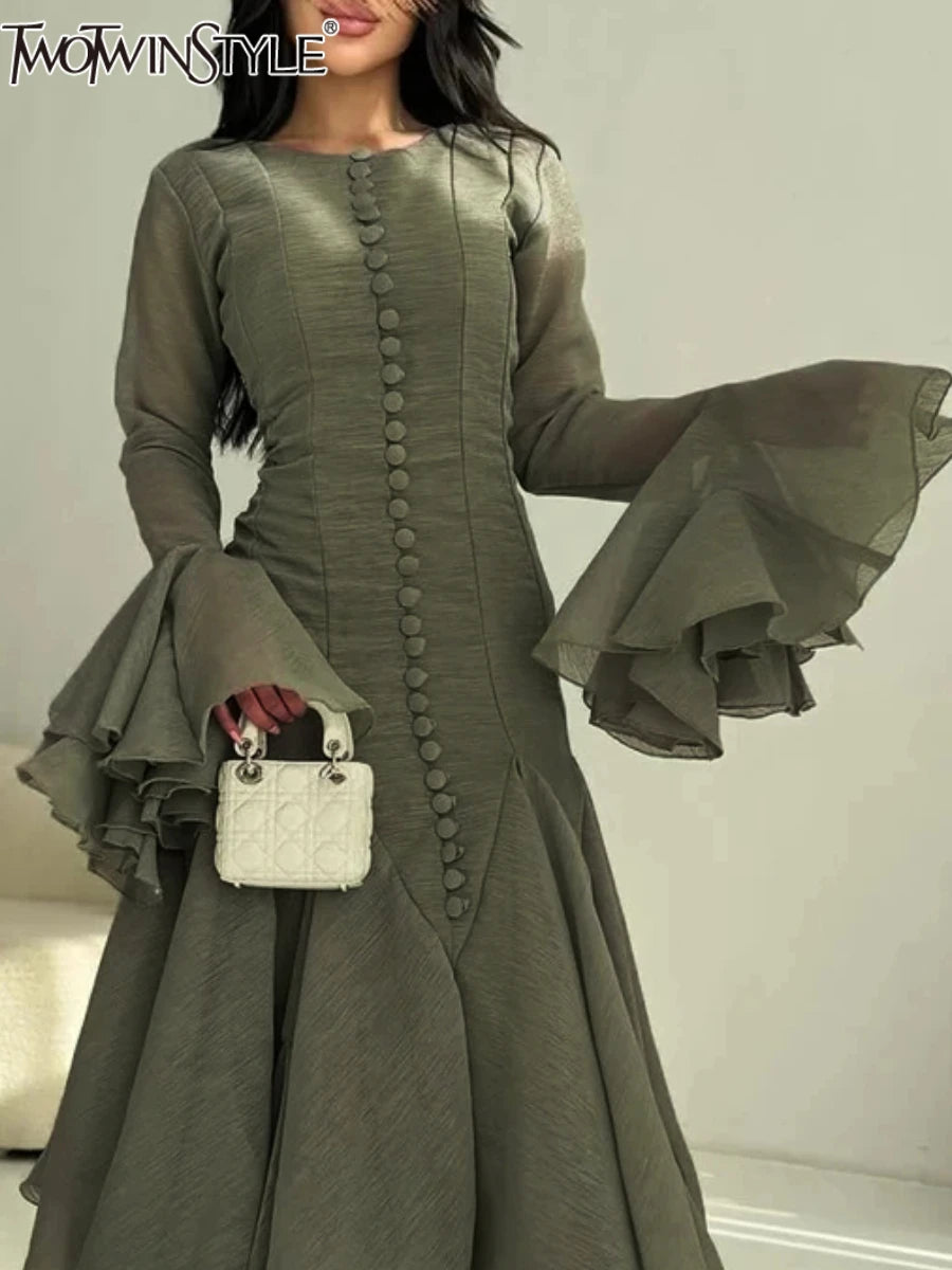 TWOTWINSTYLE Solid Slimming Spliced Folds Dresses for Women Round Neck Long Sleeves Patchwork Buttons Dress Female Clothing New