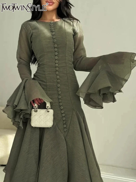 TWOTWINSTYLE Solid Slimming Spliced Folds Dresses for Women Round Neck Long Sleeves Patchwork Buttons Dress Female Clothing New