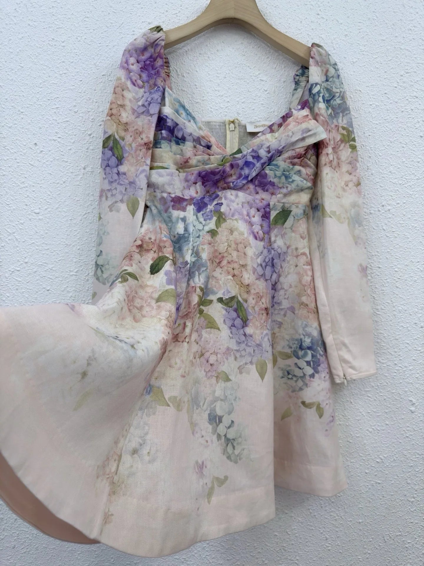 Zimm 100% Linen Women Printing Long Sleeve Mini Dress High Quality Bohemian Vintage Sweet Elegant Chic Luxury A-Line European