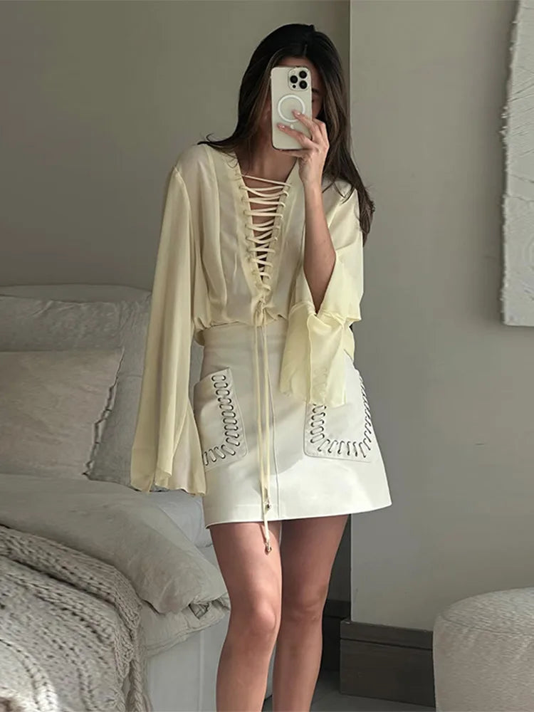 V-Neck Lace Up Shirt Top Yarn Skirt Set Ruffle Pleated Waist Cinched Flared Sleeve Loose Shirts Elastic Waist Blouse Long Skirts