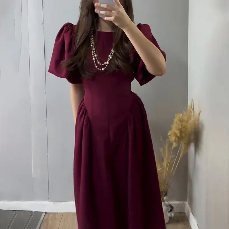 Puff Short Sleeve Solid Women Dresses O Neck A Line Lady Maxi Dress 2024 Fashion Elegant Vintage High Waist Female Vestidos