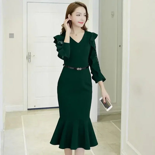Chiffon Dresses for Women Lace Midi X Korean Style Elegant Chic Beautiful Fashion Designer Hot Vintage G Woman Long Sleeve Dress