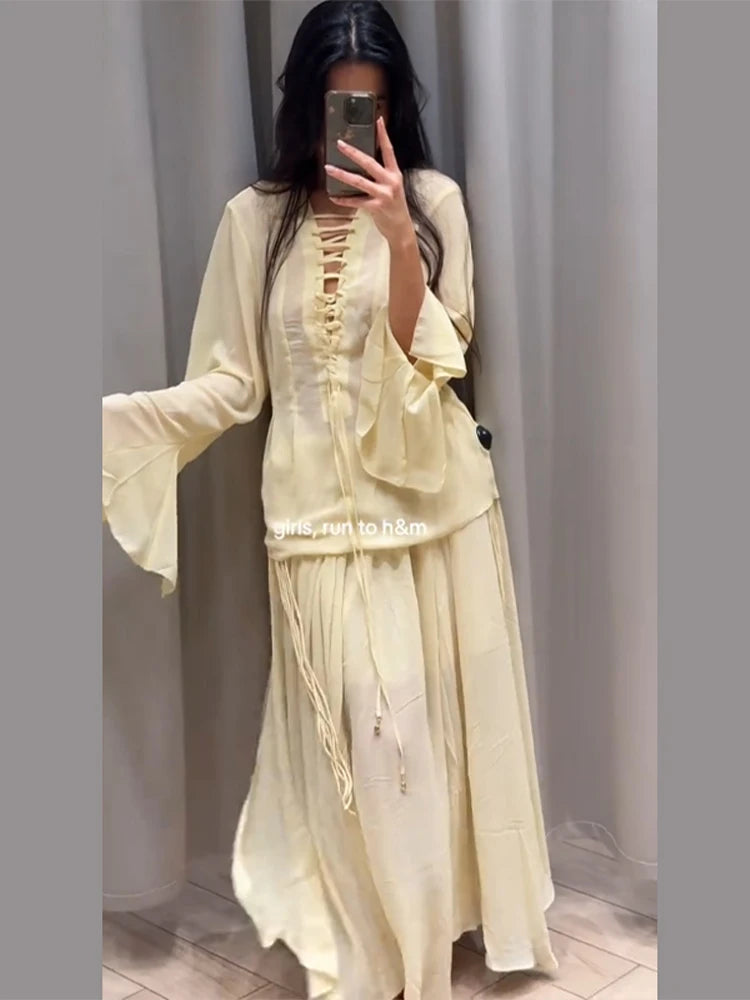 V-Neck Lace Up Shirt Top Yarn Skirt Set Ruffle Pleated Waist Cinched Flared Sleeve Loose Shirts Elastic Waist Blouse Long Skirts