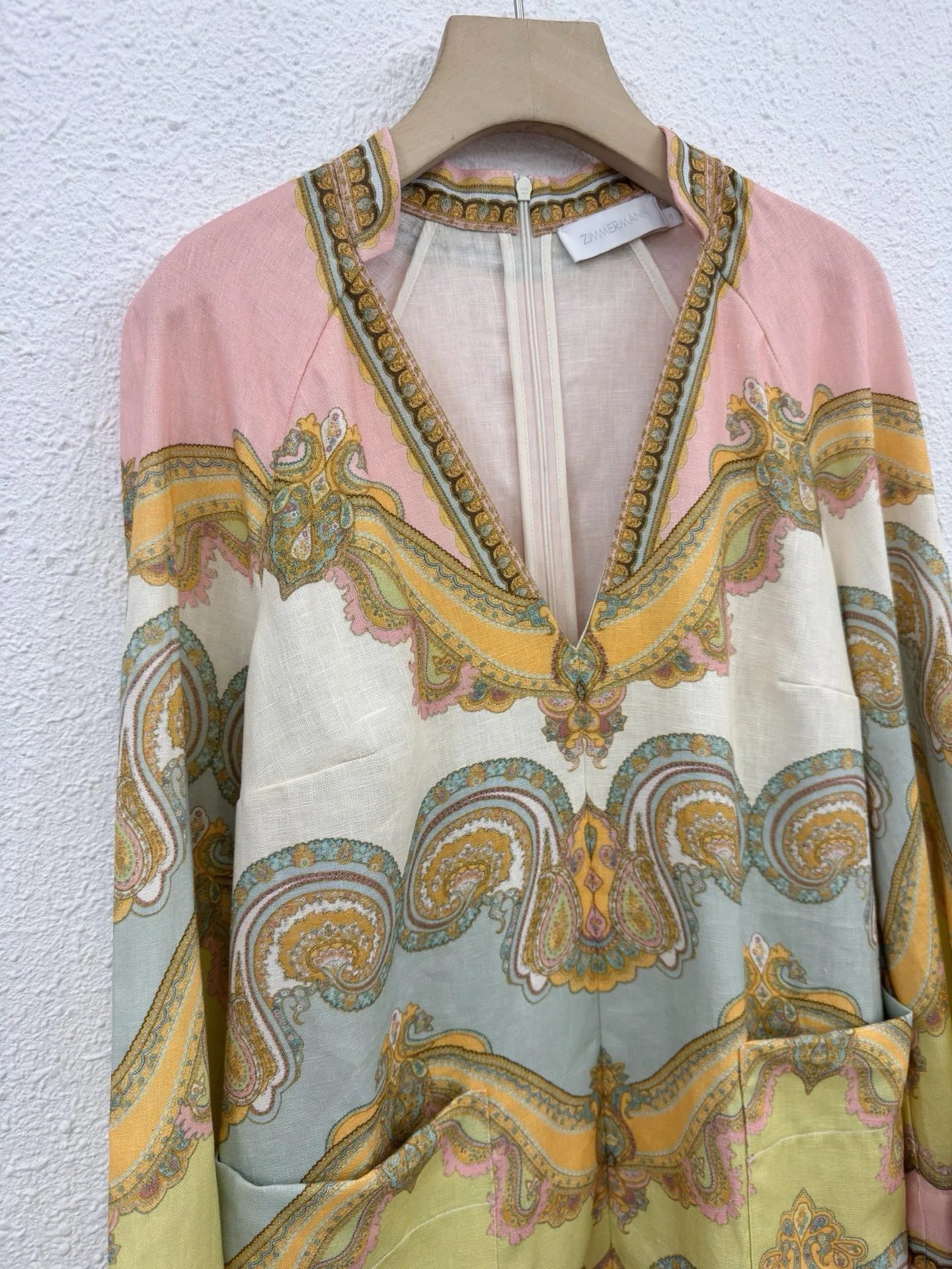 Zimm 100% Linen Luxury European High Quality Women Printing Long Flare Sleeve Mini Dress Bohemian Vintage Sweet Elegant Chic