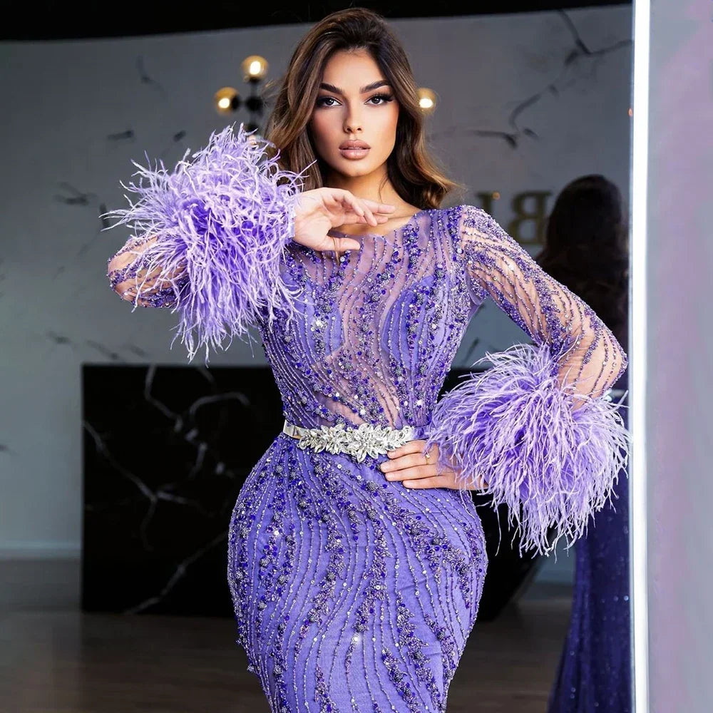 Elegant Mermaid Evening Dress Arabic Purple Beaded Feathers | Luxury Gown for Women's Wedding Party Customized