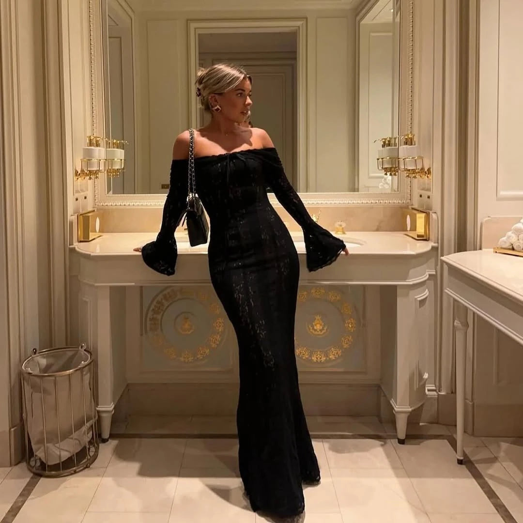 Oligai Lace Slim Mini Dress for Women Off The Shoulder Sexy Long Sleeves Club Party Dresses Bodycon Elegant Autumn Dress