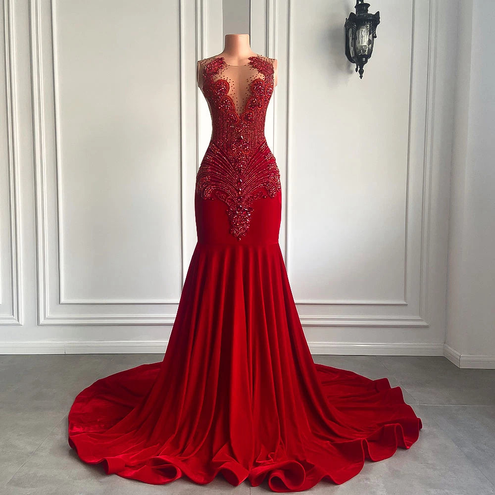 Long Prom Dresses 2025 Luxury Sparkly Beaded Diamond Sexy Mermaid Sheer Top Black Girl Red Velvet Prom Gala Gowns