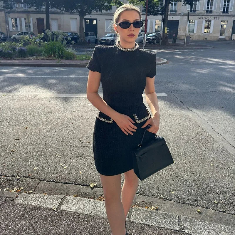 White Shoulder Pad Short Sleeve Party Dress Women's Elegant Tweed A-line O-neck Patchwork Luxury Black Evening Dresses Birthday