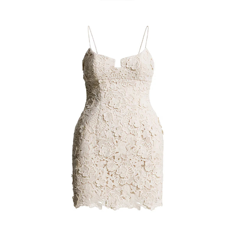 Lace Flower Halter Women Short Dress Crochet Deep V Suspender Sexy Backless Strap Gown Cinched Waist Slimming Camisole Dresses