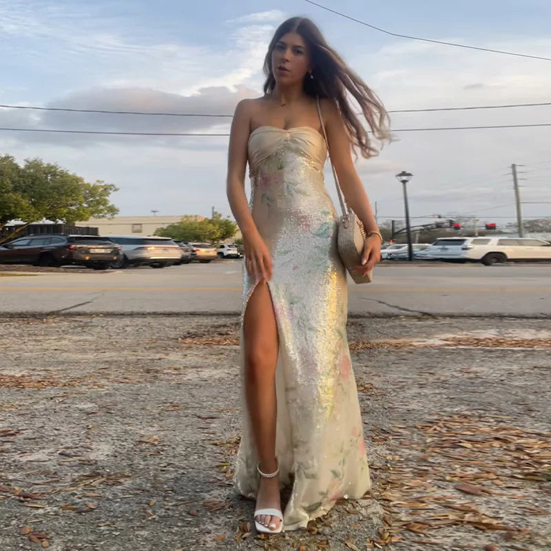 Printed Sequin Strapless Dress Silk Satin Patchwork Split Waist Cinching Slim Fit Floral Beach Holiday Long Dresses Party Robes