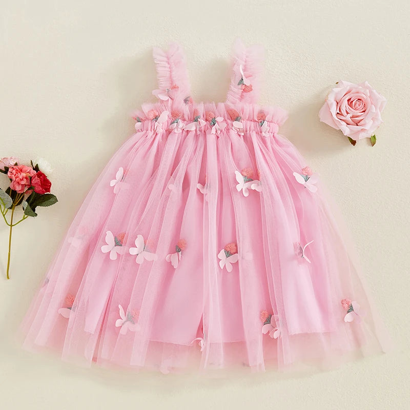 Girls Sleeveless Floral Embroidered Tulle Princess Dress
