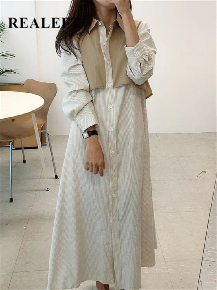 REALEFT Autumn French Striped Women's Shirts Dresses Lace Up Straight Korean Casual Loose A-Line Long Dress Female 2023 New