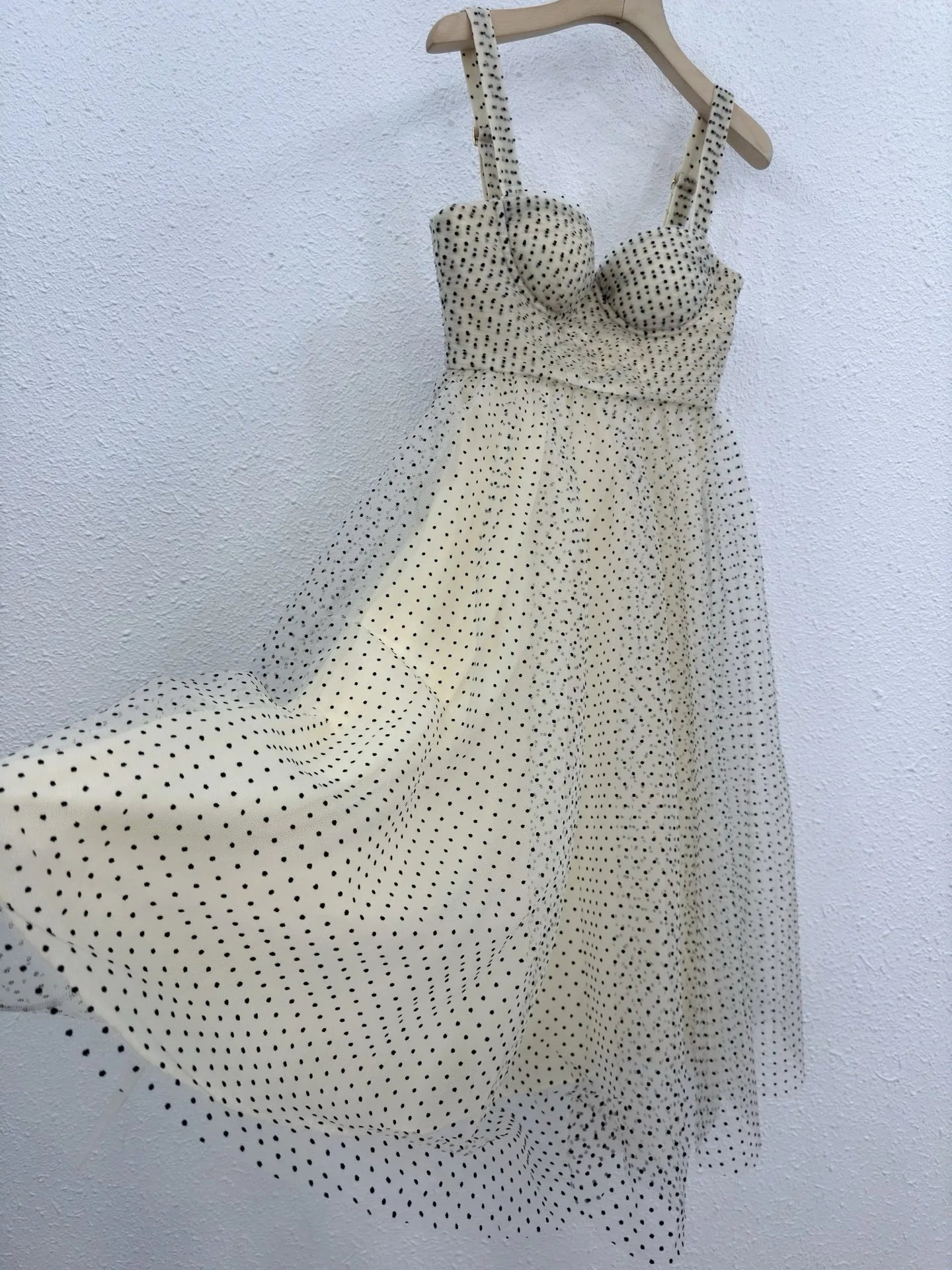 Zimm Bohemian Vintage Runway Designer Spaghetti Strap Women Dot Mesh Midi Dress European High Quality Sexy Sweet Elegant Chic