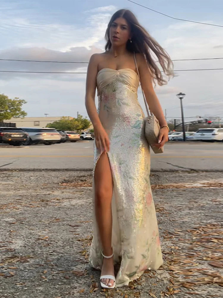 Printed Sequin Strapless Dress Silk Satin Patchwork Split Waist Cinching Slim Fit Floral Beach Holiday Long Dresses Party Robes