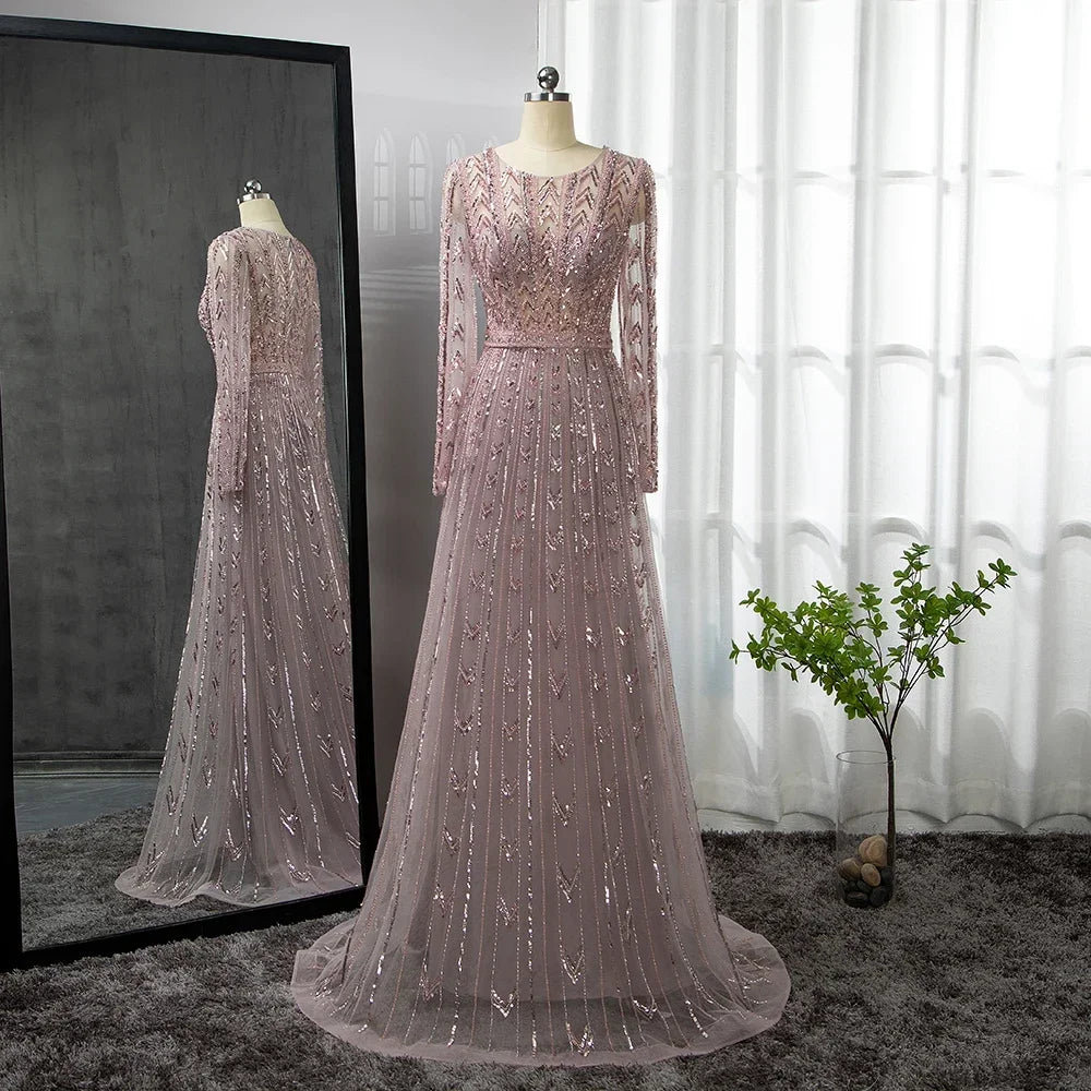 Pink Mermaid Elegant O-Neck Long SleevesEvening Dresses Gowns Luxury Beaded 2024 For Woman Party Customized