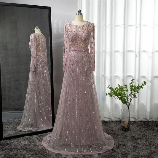 Pink Mermaid Elegant O-Neck Long SleevesEvening Dresses Gowns Luxury Beaded 2024 For Woman Party Customized