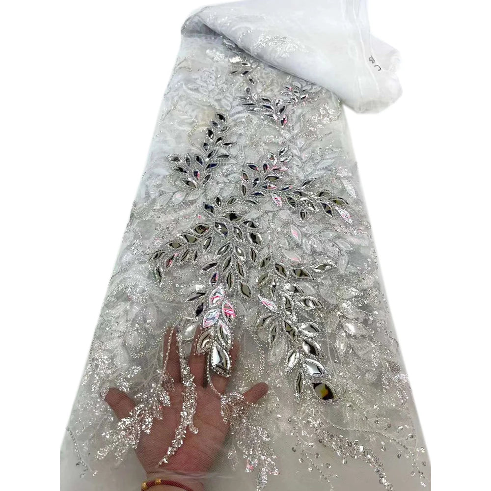 French Guipure Beaded Glitter Sequin lace Fabrics Quality For Sewing Wedding Dress Blue Tulle Lace Floral Embroidery Fabric