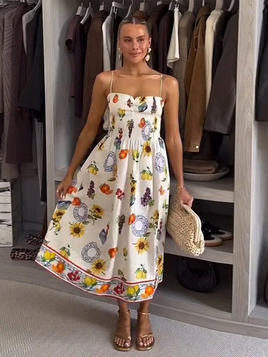 Printed Halter Long Dress Shirt Half Skirt Pleated Slim Fit Vacation Beach Suspender Dress Women Hollowed Out Bow Strap Dress