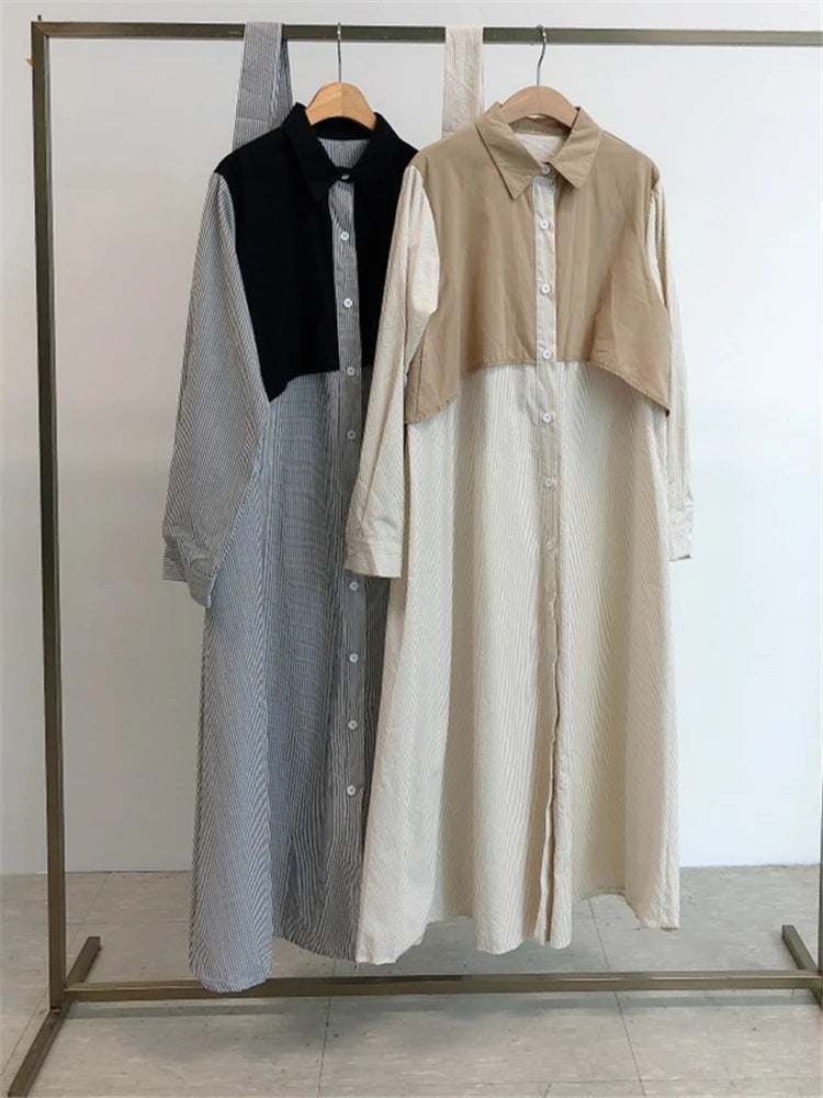 REALEFT Autumn French Striped Women's Shirts Dresses Lace Up